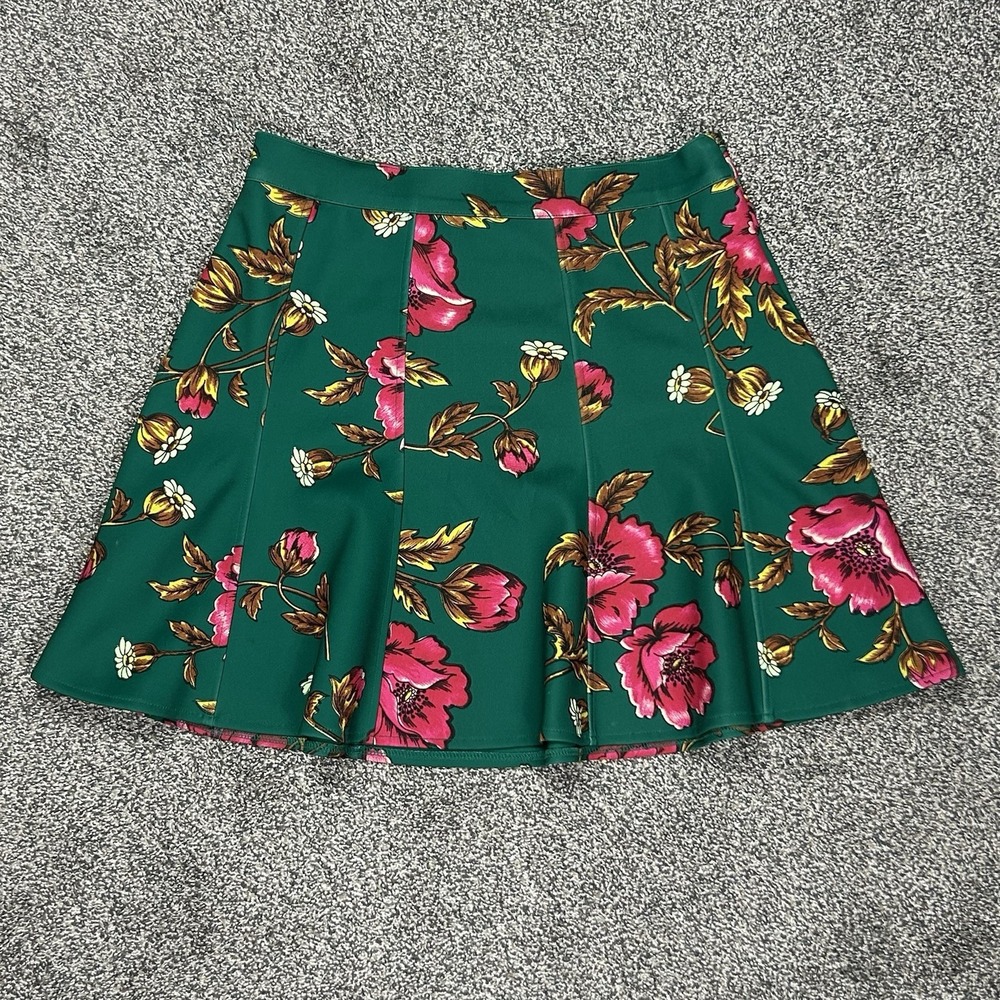 MAEVE Anthropologie Green Pink Gold Floral Flared Mini Skirt Womens‎ 10P Petite